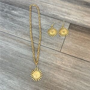 Vintage Gold Express Necklace and Earring Set Y2K Sun with Face